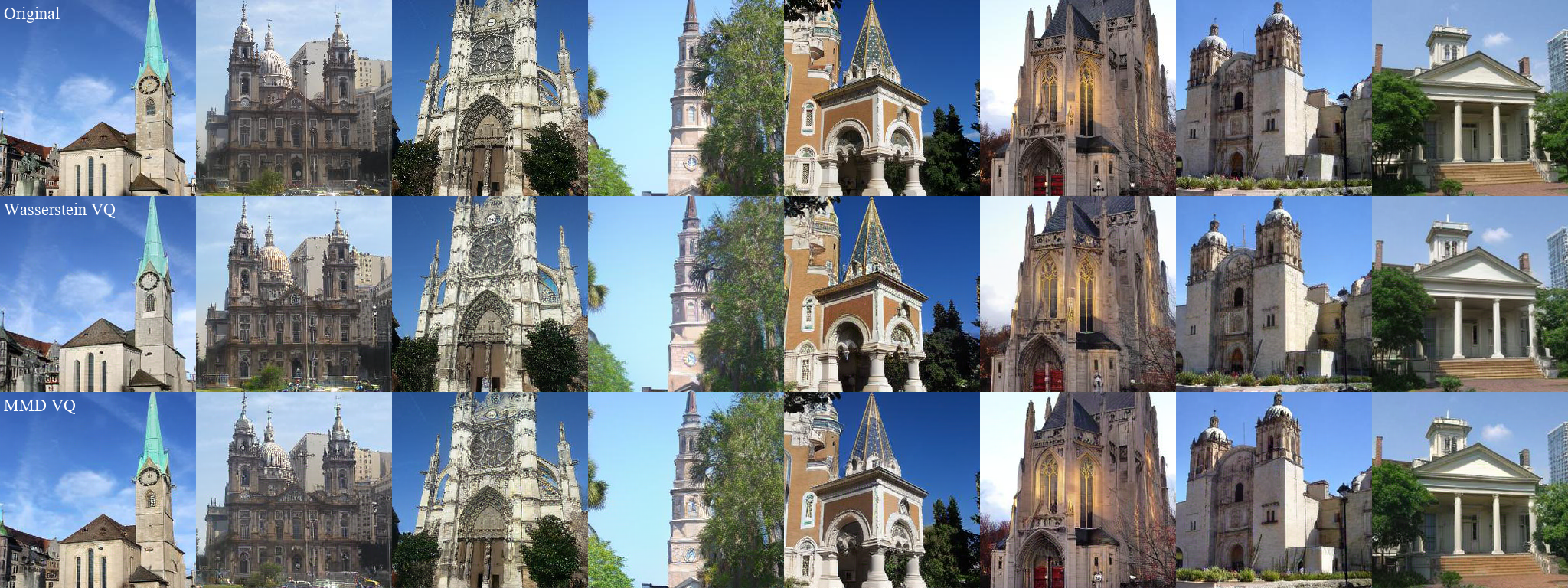 Original LSUN-Churches inputs and Wasserstein-VQ and MMD-VQ reconstructions