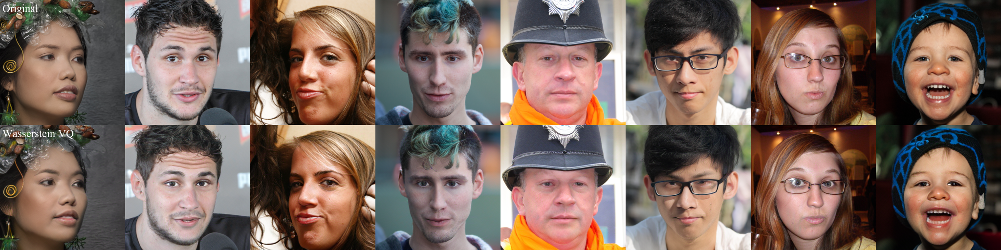 Original FFHQ images in the top row and reconstructions from Wasserstein VQ in the bottom row.